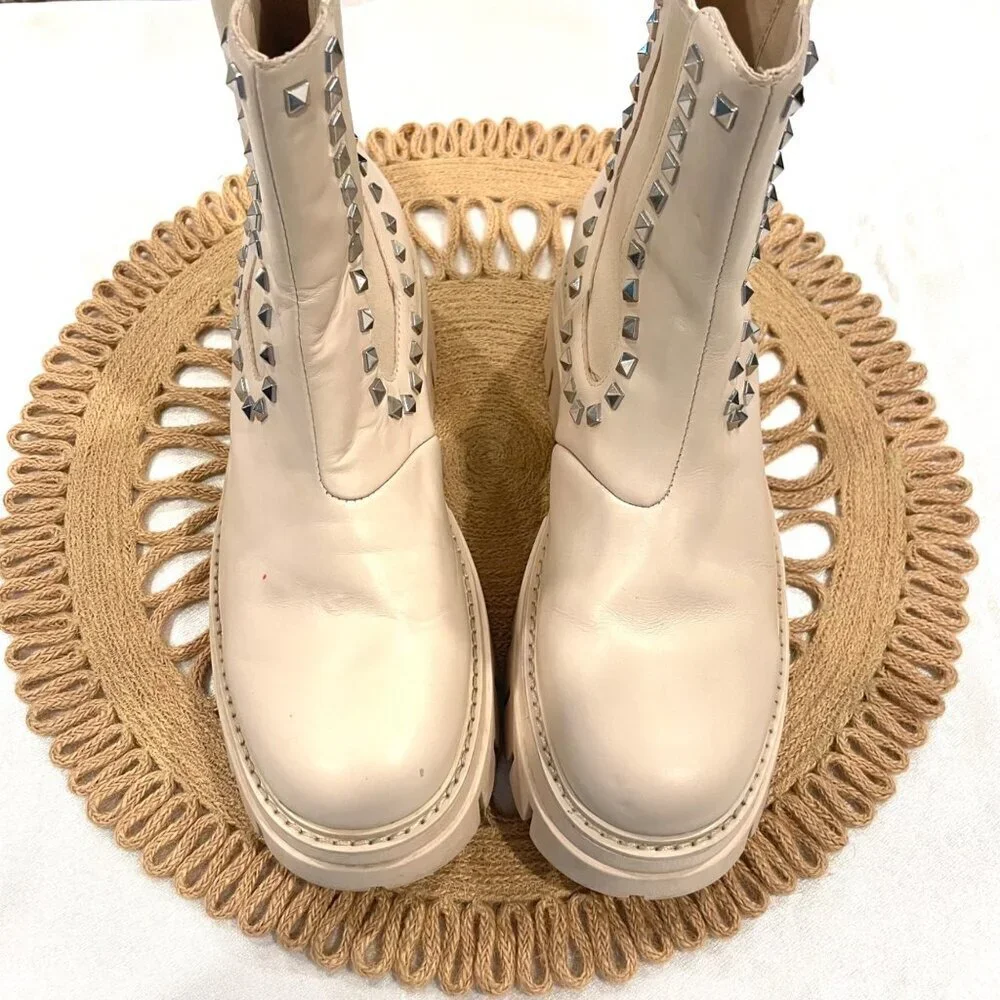 Ash Lenny Studded Leather Chelsea Boots Ivory Size 38
